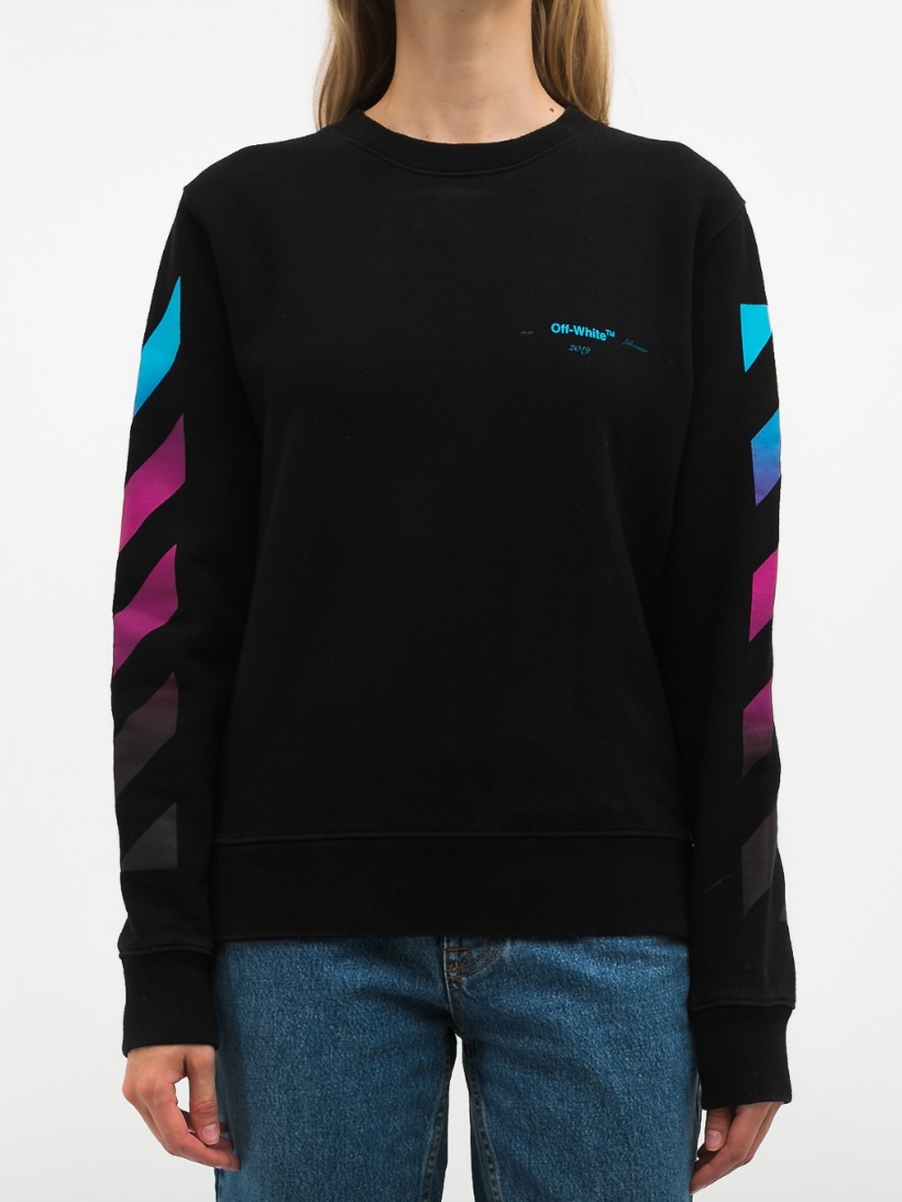 Off-White Black Crewneck with Blue and Pink Sleeve Arrows